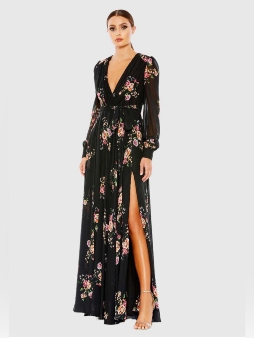 Mac Duggal Black Floral Long Sleeve Wrap Gown
